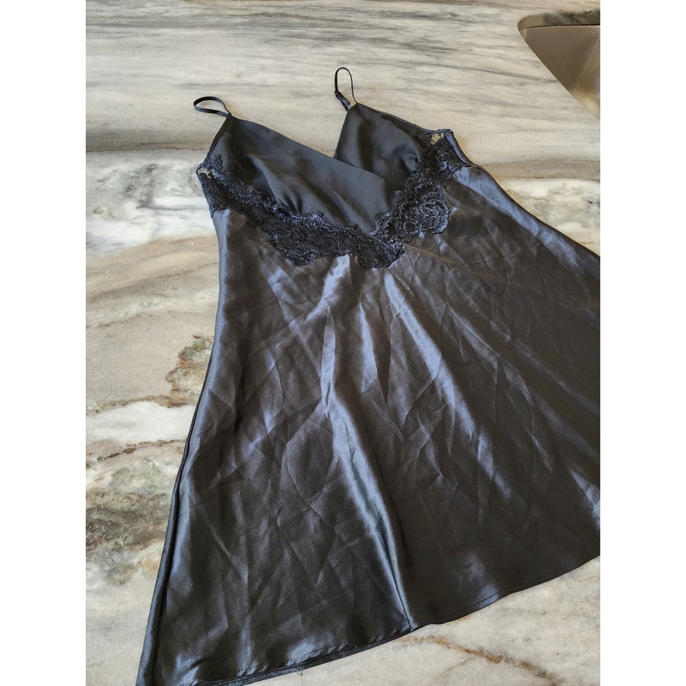 Vintage Cacique Black Satin Lace Trim Chemise Nightie Mini Dress Small Y2k